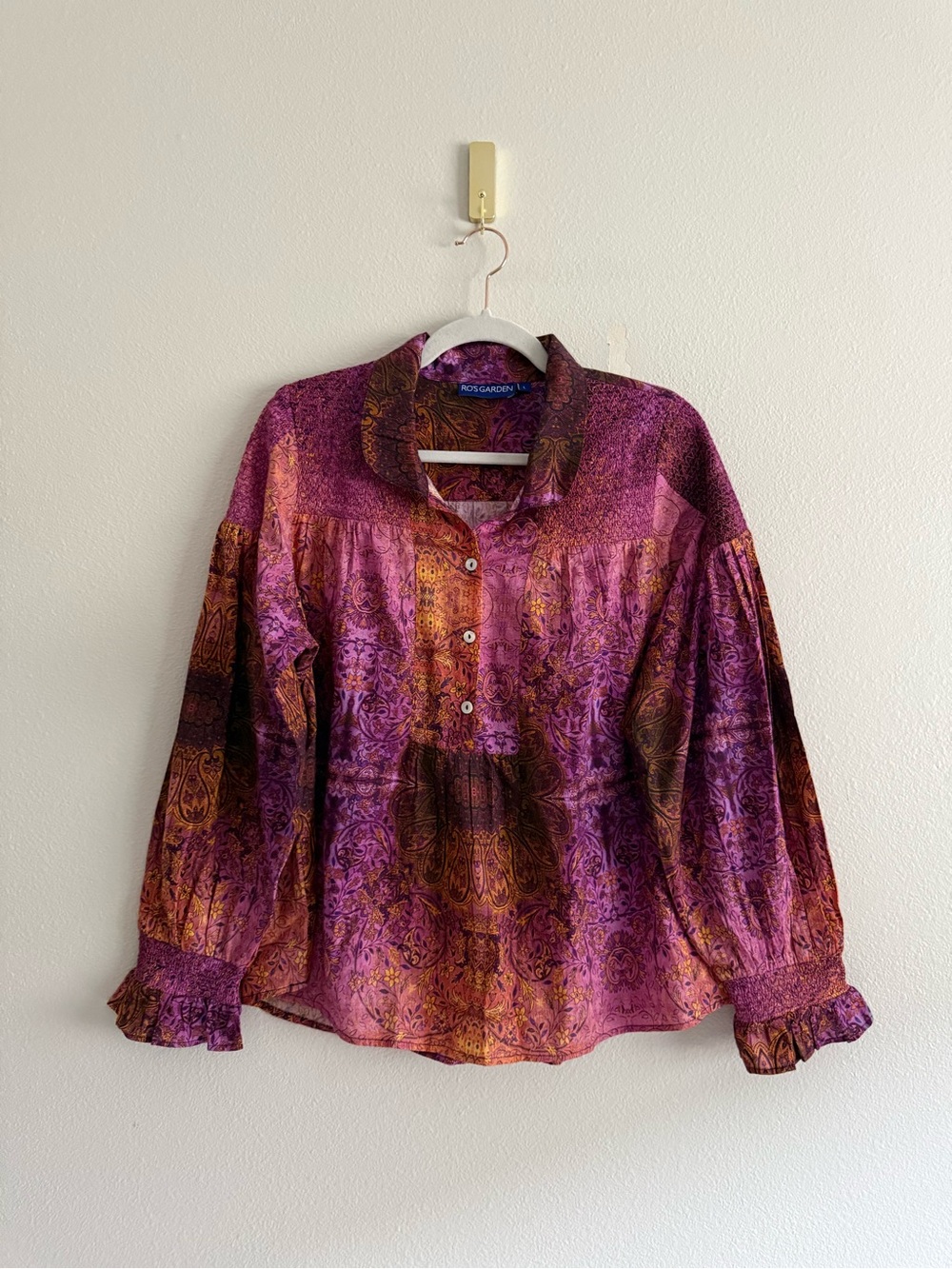 Tuckernuck Ro's Garden Purple orange paisley Blouse ruffle bell sleeve top Sz L